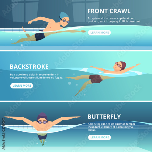 Swimming pool with swimmers. Horizontal banners with sport illustrations. Swimmer training swim, athlete exercise race