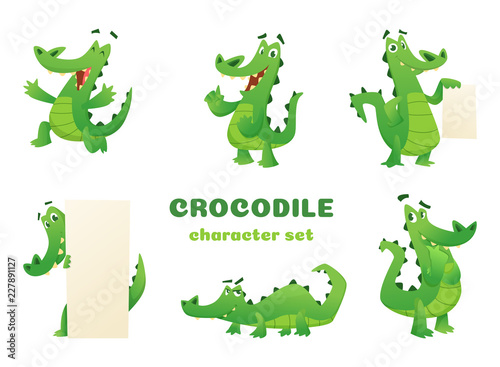 Cartoon crocodile characters. Alligator wild amphibian reptile green big animals vector mascots designs in various poses. Alligator animal  reptile green illustration
