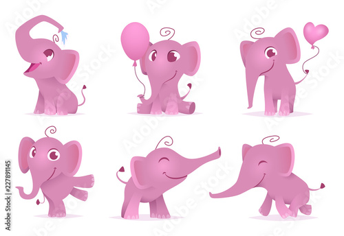 Adorable elephants. Cute and funny happy african baby animals love emotions vector cartoon characters isolated. Illustration of elephant character, adorable and smile pink