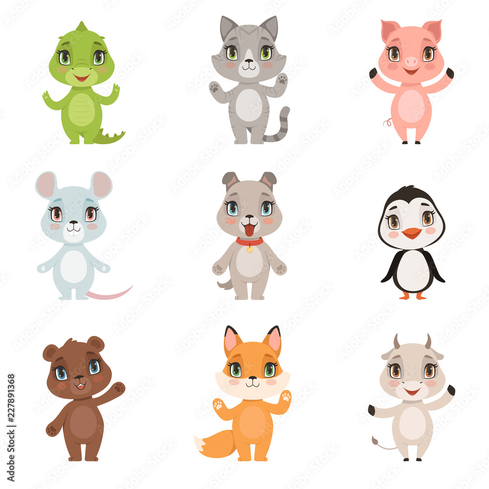 Animal kids collection. Wild crocodile bear penguin fox domestic little cute funny baby animals dog cat goat pig characters isolated. Animal zoo set, dog and alligator, pig and kitten illustration