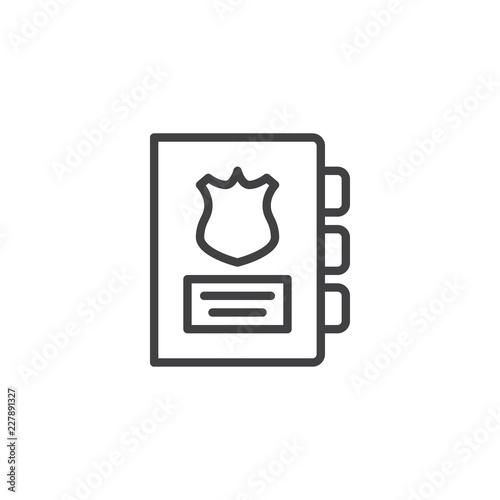Police note book outline icon. linear style sign for mobile concept and web design. Agenda with police badge simple line vector icon. Symbol, logo illustration. Pixel perfect vector graphics