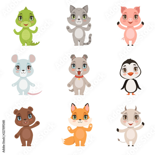 Animal kids collection. Wild crocodile bear penguin fox domestic little cute funny baby animals dog cat goat pig characters isolated. Animal zoo set  dog and alligator  pig and kitten illustration