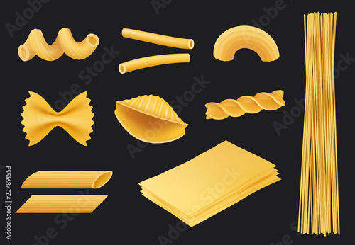 Italian pasta realistic icon. Traditional food spaghetti macaroni fusilli cooking yellow ingredients vector pictures isolated. Cooking italian spaghetti, collection menu macaroni pasta illustration