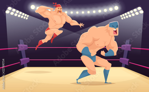 Wrestler fighters cartoon. Cartoon martial characters at ring funny action vector sport background. Illustration of wrestler fighter on ring, tradition costume wrestling