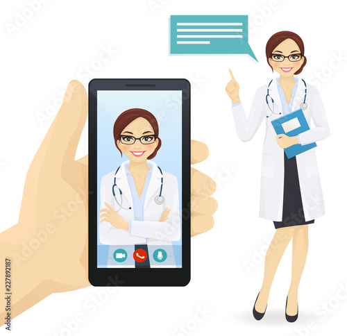 Hand holding smartphone with online female doctor video chat vector illustration