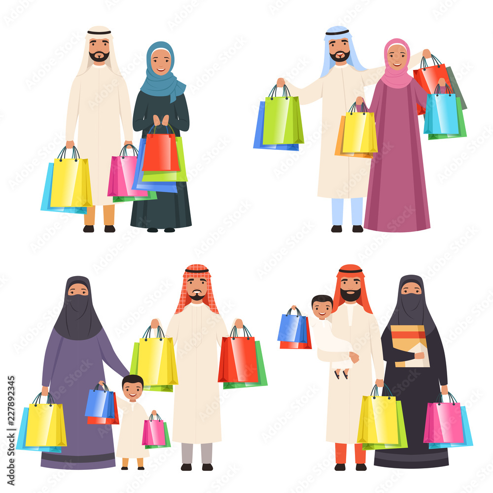 Arab family shopping. Muslim happy people male female and kids in market with bags vector cartoon characters isolated. Illustration of saudi people family shopping, arabian traditional buyer