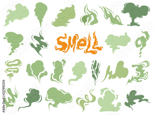 Bad smell. Steam smoke clouds of cigarettes or expired old food vector cooking cartoon icons. Illustration of smell vapor, cloud green aroma photo