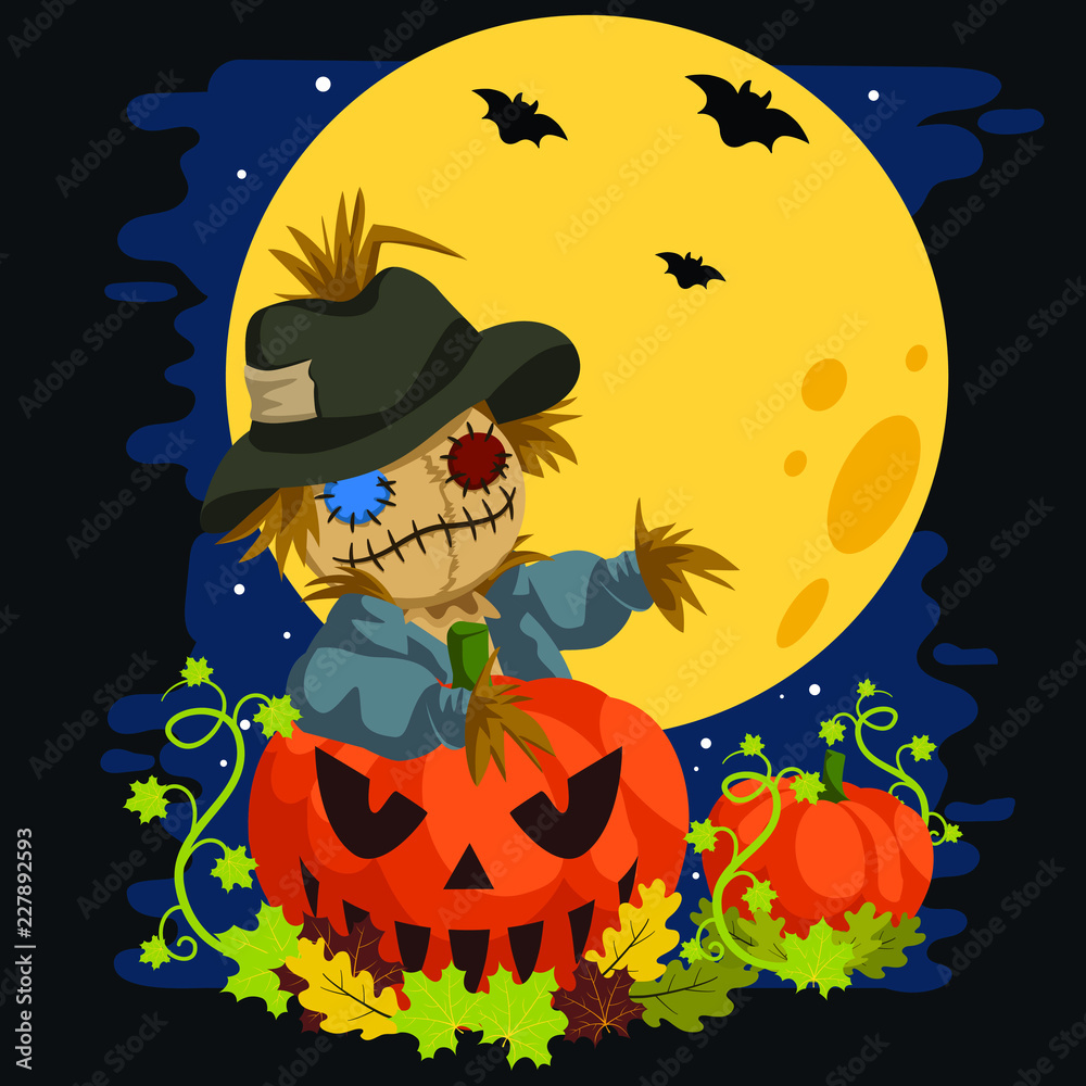 Fototapeta premium Scarecrow In a Full Moon Behind Pumpkins