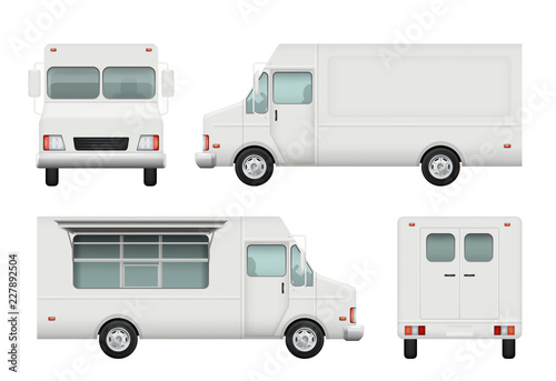 Food truck realistic. White automobile of street food delivery catering 3d vector pictures. Delivery truck food, vehicle car restaurant illustration