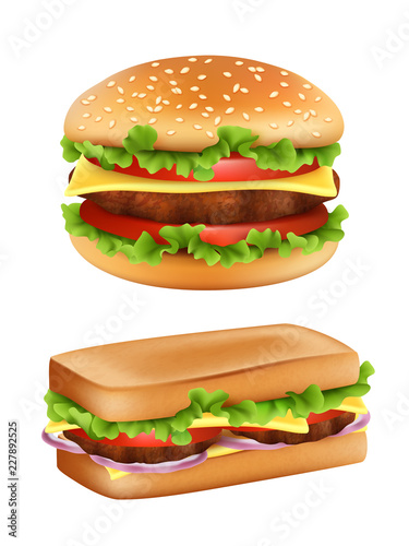 Hamburger and sandwich. Fast food realistic bread with ingredients salad tomato meal potato vector picture isolated. Illustration of bread and food, burger with meat and tomato