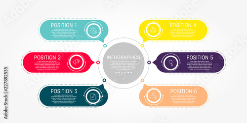 Modern flat vector illustration. Template of circular infographics with six elements, rectangles. Contains text and icons. Designed for business, presentations, web design, diagrams with 6 steps