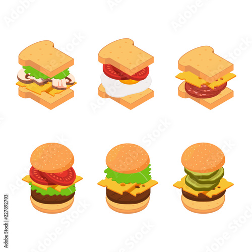 Vector isometric burger and sandwich types set illustration. Hamburger delicious with cucumber and ingredients