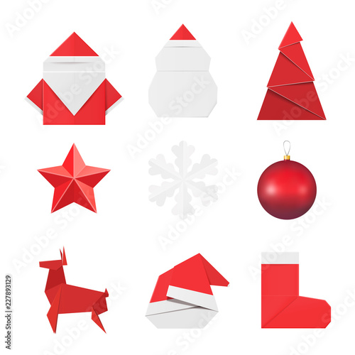 Christmas origami ornaments and decorations: paper Santa Claus and snowman, fir, star, snowflake, glass ball toy, deer red hat and sock.