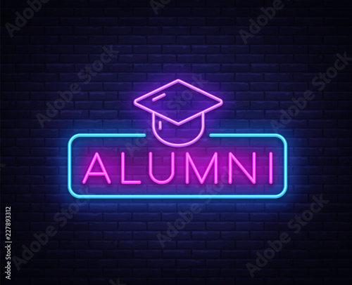 Alumni Neon Sign Vector. Graduation neon symbol, design template, modern trend design, night neon signboard, night bright advertising, light banner, light art. Vector illustration photo