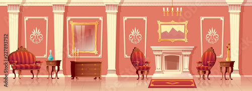 Vector cartoon illustration of luxury living room with fireplace, ballroom or hallway with pilasters in royal palace. Rich interior with furniture in baroque or rococo style. Fairytale game background