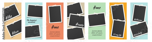 Editable Instagram Stories Template Set with Photo Frames and Adhesive Tapes, Stickers. Vector mock up, Story Collection.