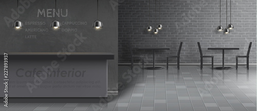 Vector mockup of cafe interior with empty bar counter, dinner tables and chairs, ceiling lamps, gray brick wall and tiled floor. Minimalist modern design for fast food restaurant, concept background