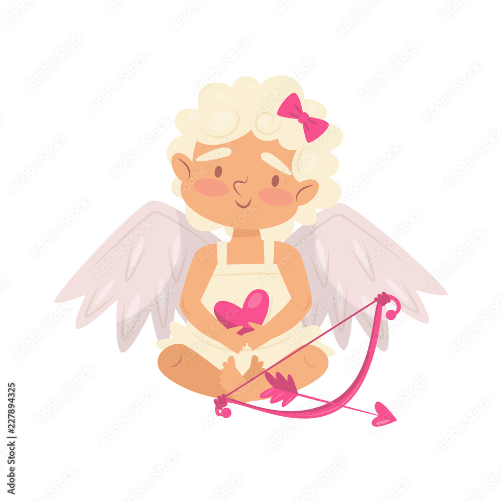 Lovely baby girl holding pink heart. Cartoon cupid with little wings. Angel of love with bow and arrow. Flat vector design