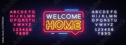 Welcome Home Neon Text Vector. Welcome Home neon sign, design template, modern trend design, night neon signboard, night bright advertising, light banner, light art. Vector. Editing text neon sign