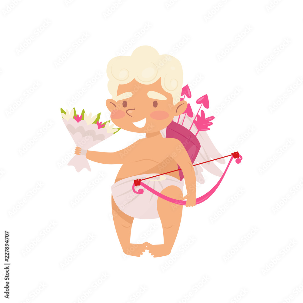 Cupid standing with bouquet of flowers. Angel of love with bow and arrows. Cute baby boy with little wings. Flat vector icon Cupid standing with bouquet of flowers. Angel of love with bow and arrows. Cute baby boy with little wings. Flat vector icon