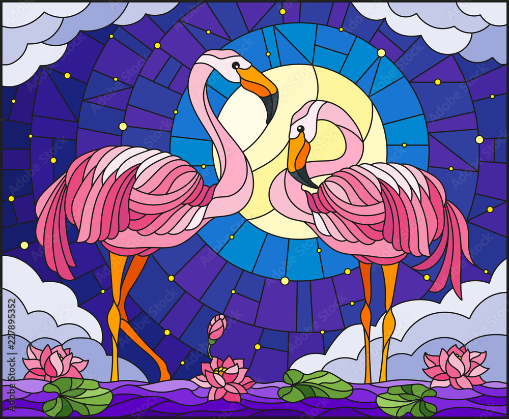 Fototapeta premium Illustration in stained glass style with pair of Flamingo , Lotus flowers and reeds on a pond in the moon, starry sky and clouds