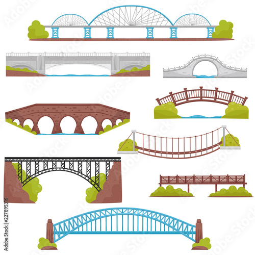 Flat vector set of brick, iron, wooden and stone bridges. Landscape elements. Architecture and city construction theme