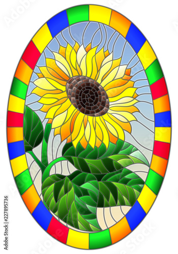 Illustration in stained glass style flower of sunflower on a blue sky background in a bright frame,oval  image