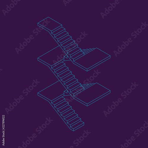 Staircase with platforms. Vector outline illustration. Isometric projection