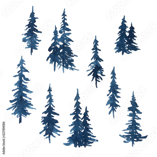 Watercolor indigo blue pine trees set for Christmas and New Year decoration