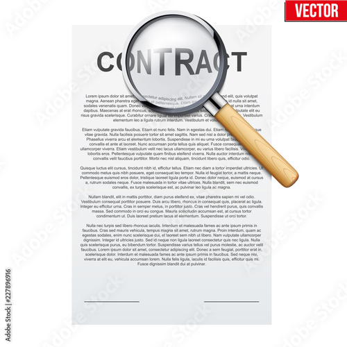 Concept of attentive and careful research Legal contract before signing. Contract document and Magnifier. Vector illustration isolated on background.