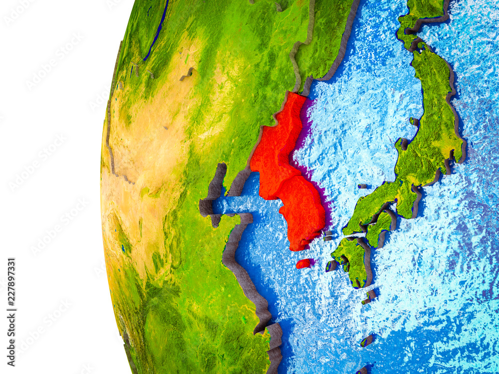 Korea highlighted on 3D Earth with visible countries and watery oceans.
