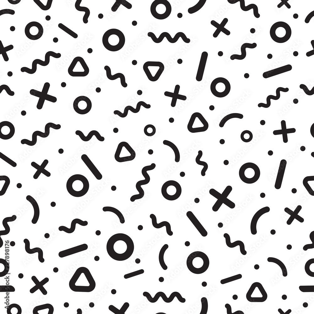 Scattered Geometric Line Shapes. Abstract Background Design. Vector Seamless Black and White Pattern