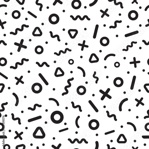 Scattered Geometric Line Shapes. Abstract Background Design. Vector Seamless Black and White Pattern