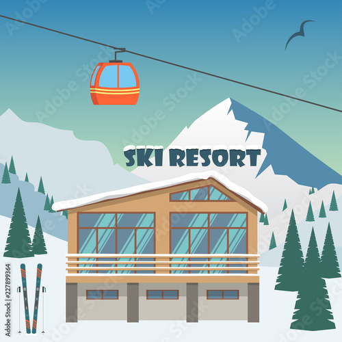 Ski resort. Winter mountain landscape with lodge, ski lift. Winter sports vacation banner. Vector illustration.