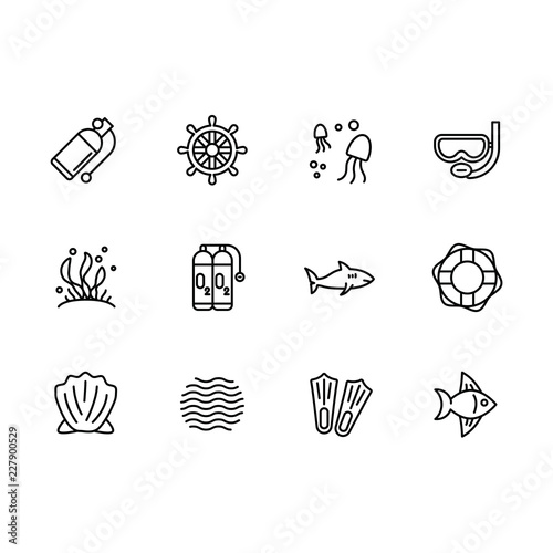Simple set diving, snorkeling, swimming, sailing in sea vector line icon. Contains such icon equipment for scuba diving, snorkeling, underwater swim, fish, shark, oxygen cylinder, aqualung and other.