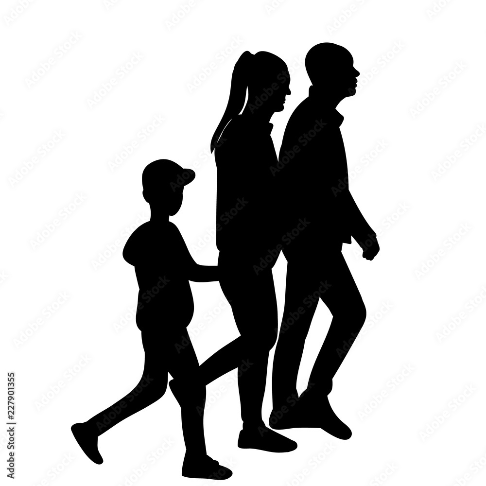 vector, on a white background, silhouettes of people with children who go