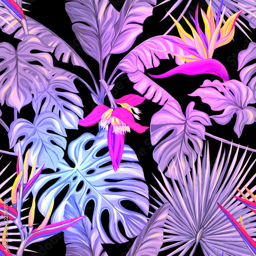 Seamless pattern, background. with tropical plants and flowers.