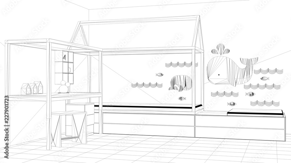 Interior design project, black and white ink sketch, architecture blueprint showing children bedroom with single bed and desk, minimalist architecture interior design