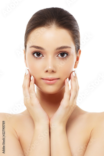 Portrait of a beautiful young woman, skin care and hands with manicure