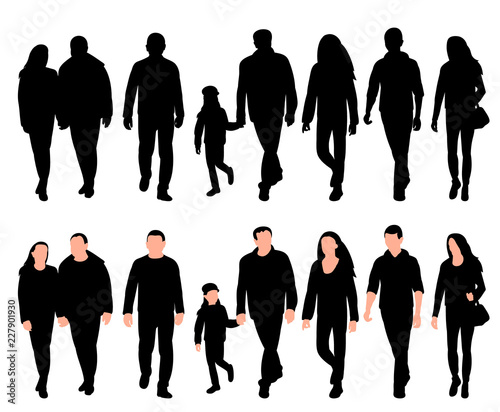 vector, on white background, a set of moping silhouettes of people, men and women