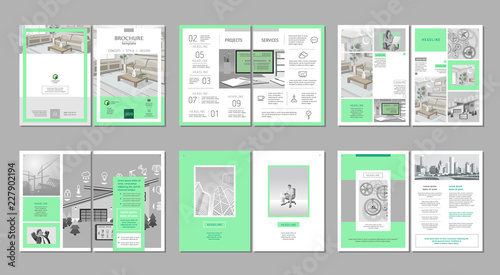 Brochure creative design. Multipurpose template with cover, back and inside pages. Trendy minimalist flat geometric design. Vertical a4 format.