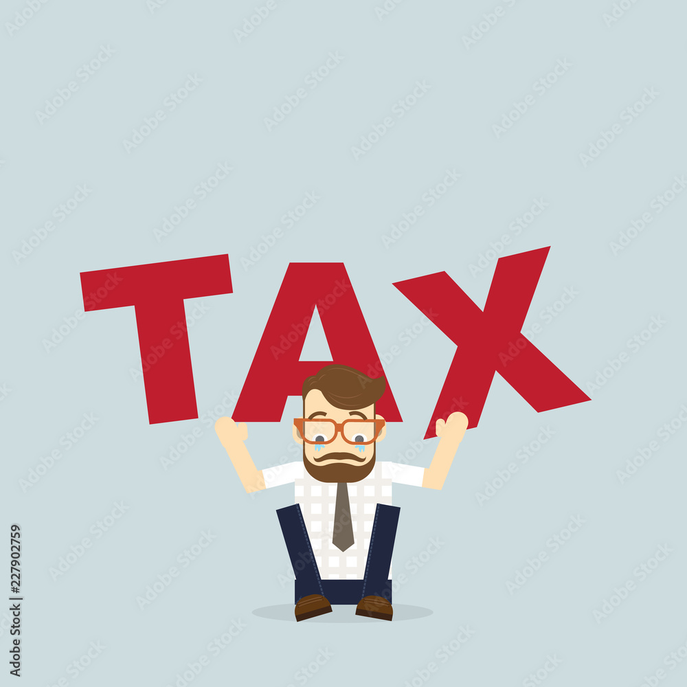 Sad business man sit with tax problem on head Sad business man sit with tax problem on head