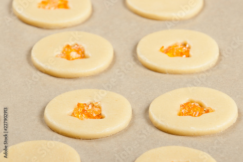Raw Crystal Cookies In Baking Tray. Sugar Cookies Dough.