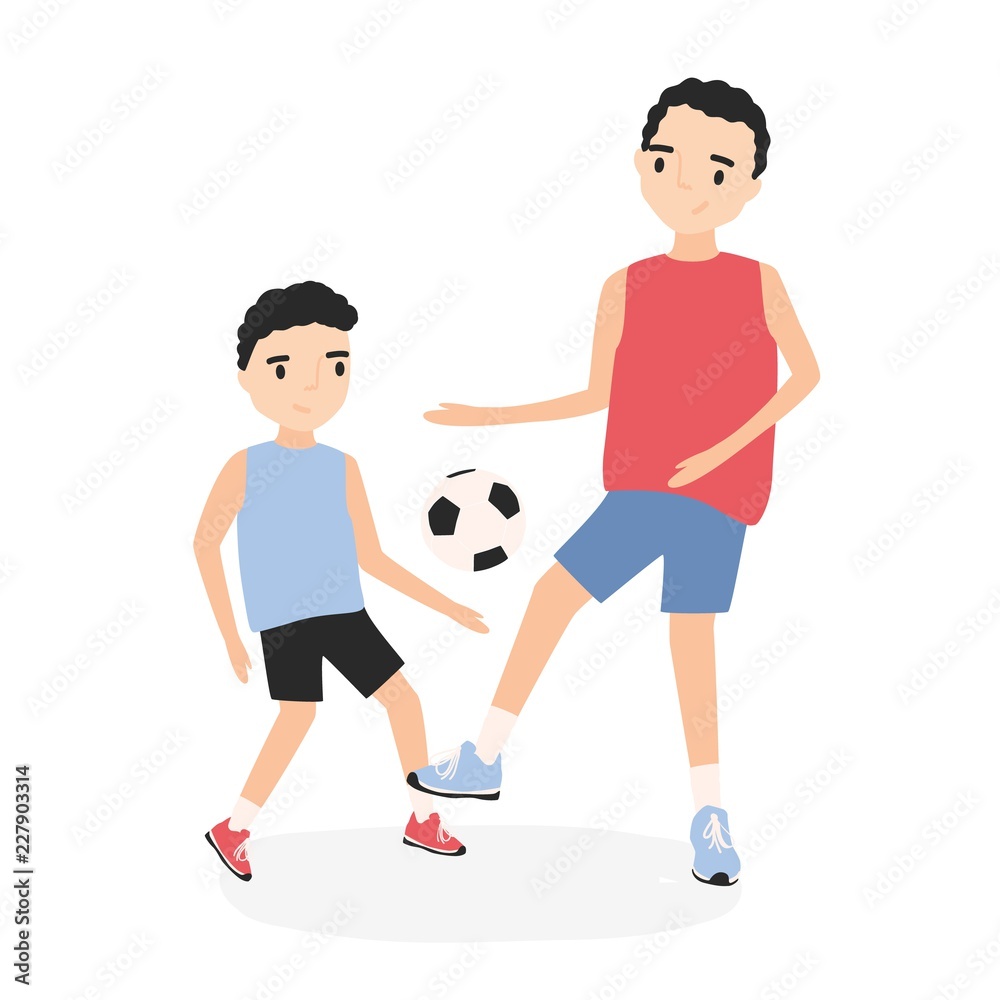 Happy father and son playing football. Dad and kid practicing soccer.  Parent and child during sports game training. Adorable cartoon characters  isolated on white background. Flat vector illustration. Stock Vector | Adobe