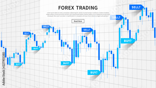 Japanese candle stick chart with buy and sell indices (pointers, markers) vector illustration. Web banner for financial projects.
