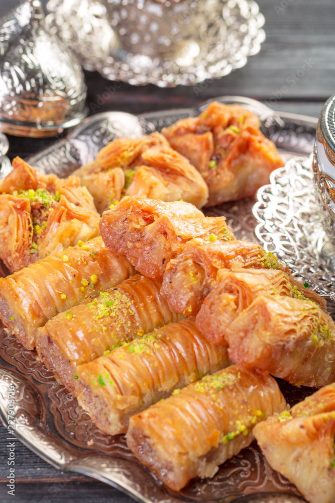 Homemade baklava with nuts and honey syrup Homemade baklava with nuts and honey syrup
