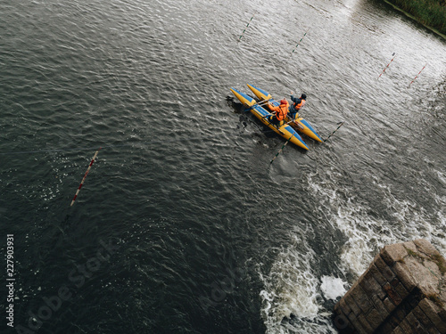 Kayaking and rafting activity on local river dam in Chelyabinsk city in Russia