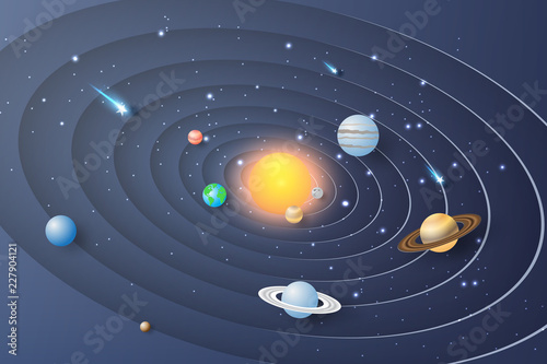 Fototapeta Naklejka Na Ścianę i Meble -  Paper art of Solar system circle background.The planets are rotating around the sun.The galaxy is full of stars.vector,illustration