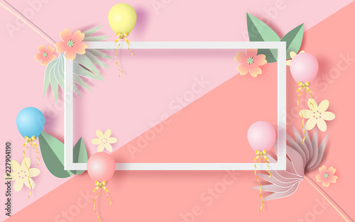 Paper art and craft of Floral rectangle frame with place for text. Spring season with flowers and balloon of pastel sweet tone color.Lovely flowers with colorful frame.vector illustration