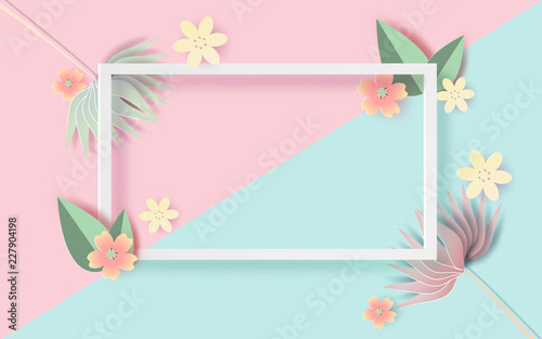 Paper art and craft of Floral rectangle frame with place for text. Spring season with flowers of pastel sweet tone color.Lovely flowers with colorful frame.vector illustration